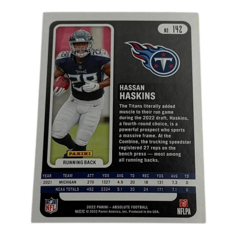 2022 Panini Absolute Football Hassan Haskins Rookie Card 142 Tennessee Titans RC